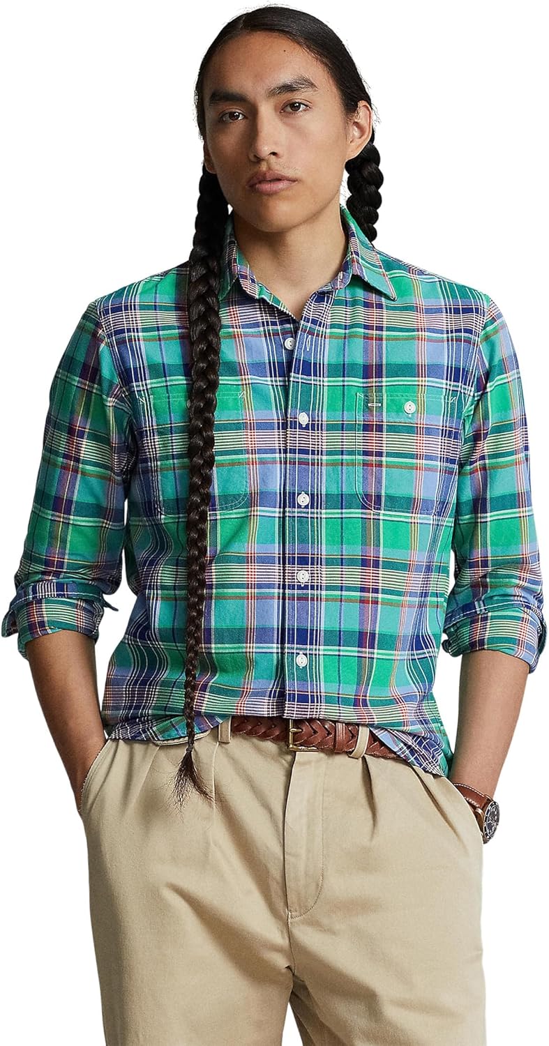 

POLO RALPH LAUREN Мужская классическая клетчатая оксфордская рабочая рубашка, Green/Blue