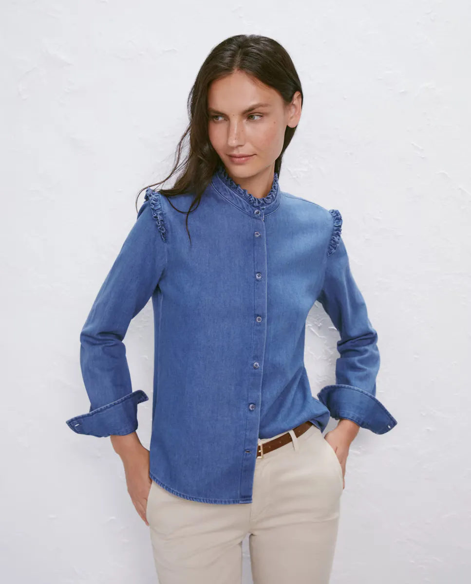 

Женская джинсовая рубашка с рюшами на длинном рукаве Easy Wear, синий