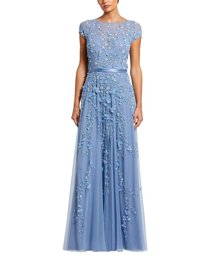 

Платье из сетки с цветочным узором и короткими рукавами Mac Duggal, синий