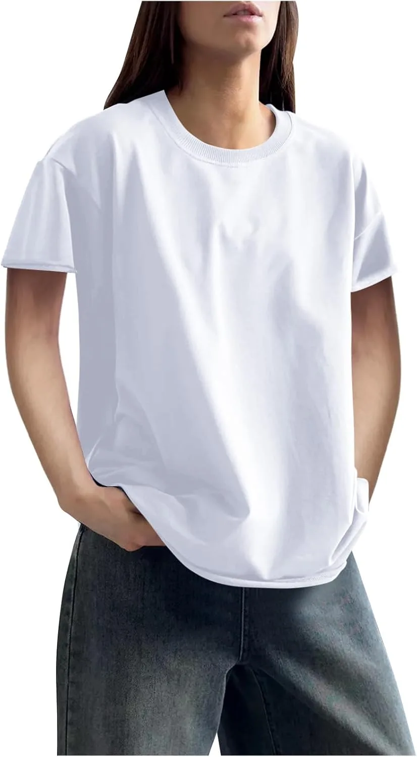 

Женская летняя футболка с коротким рукавом и круглым вырезом, свободный крой, однотонная