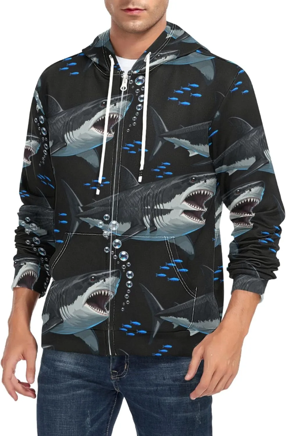 

Мужская толстовка с полной молнией Shark Ocean Blue Fish Bubbles с длинным рукавом и карманом CUPADA