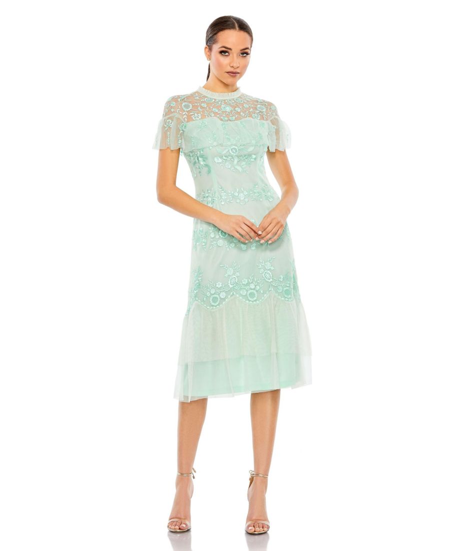 

Женское платье с высоким воротником, сетчатой многослойной вышивкой Mac Duggal, Mint