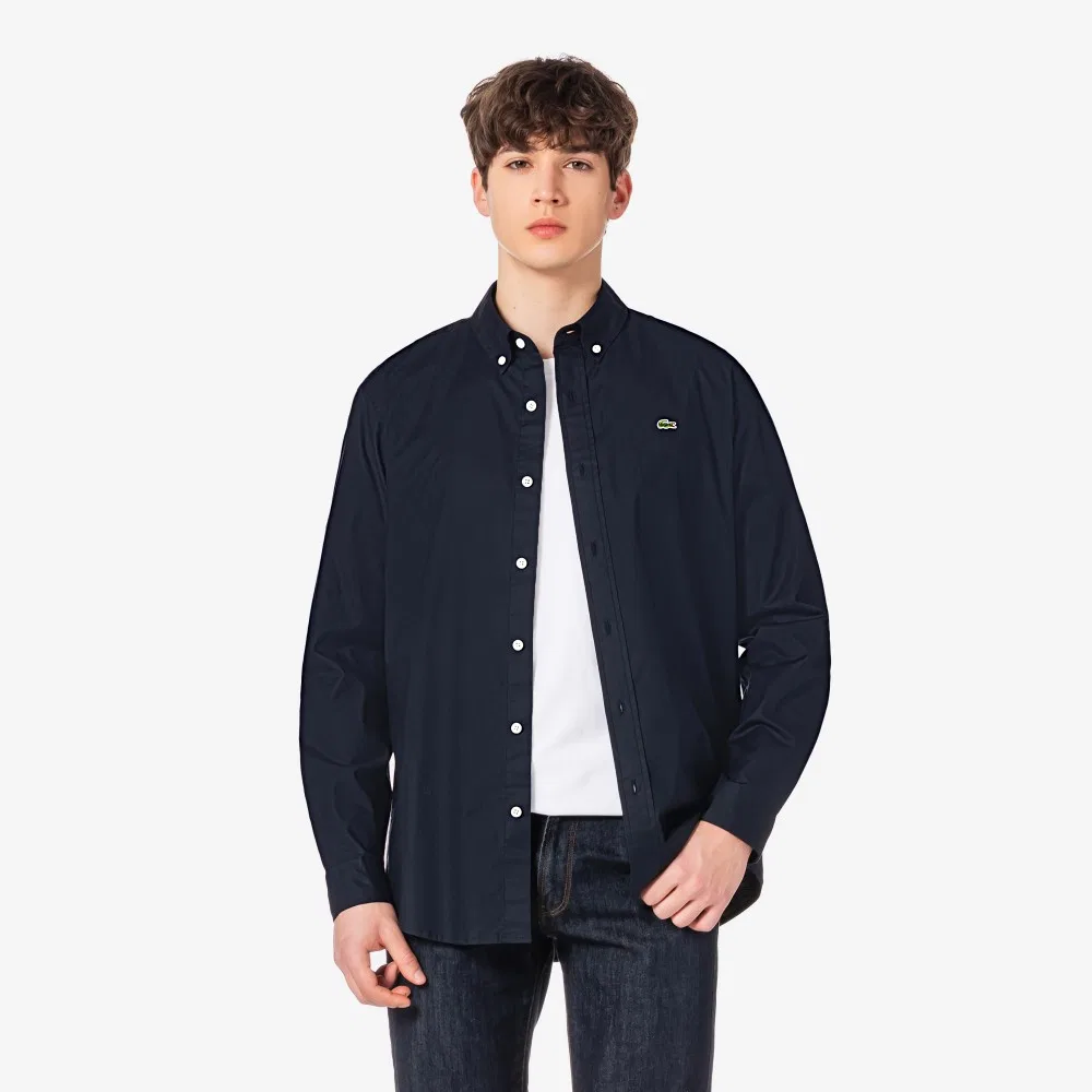 Мужская базовая оксфордская рубашка тёмно-синяя от Lacoste — фото 4