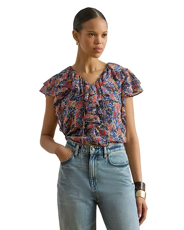 Блузка из жоржета с цветочным узором и оборками Ralph Lauren, Cream/Red/Blue
