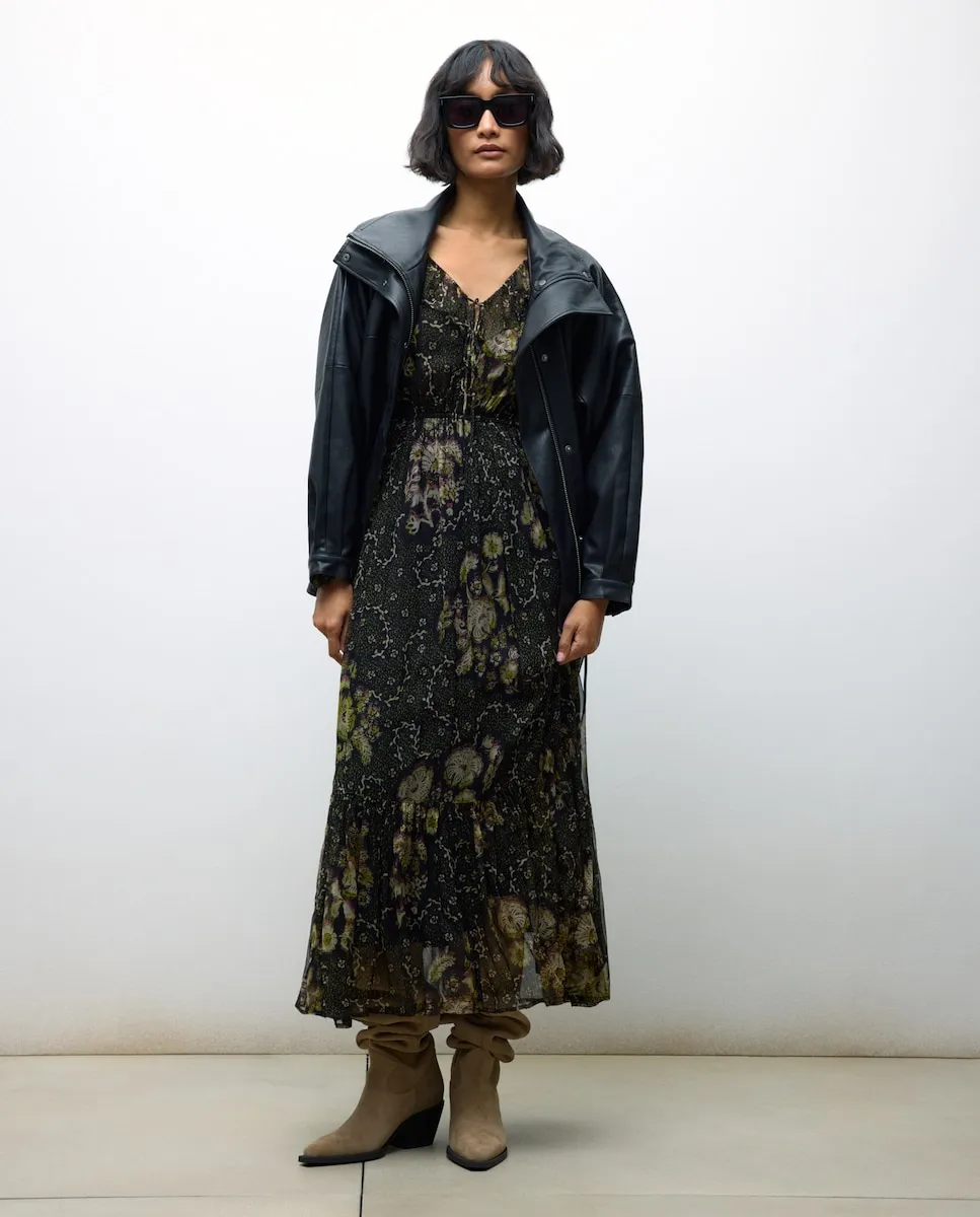 

Длинное платье с длинными рукавами, принтом, с V-образным вырезом и оборкой Tintoretto, черный