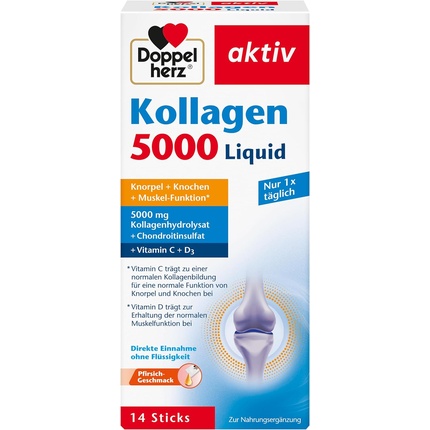 

Collagen 5000 Liquid с гидролизатом коллагена, хондроитинсульфатом, витаминами и марганцем 14 стиков со вкусом персика - упаковка из 14 штук Doppelherz