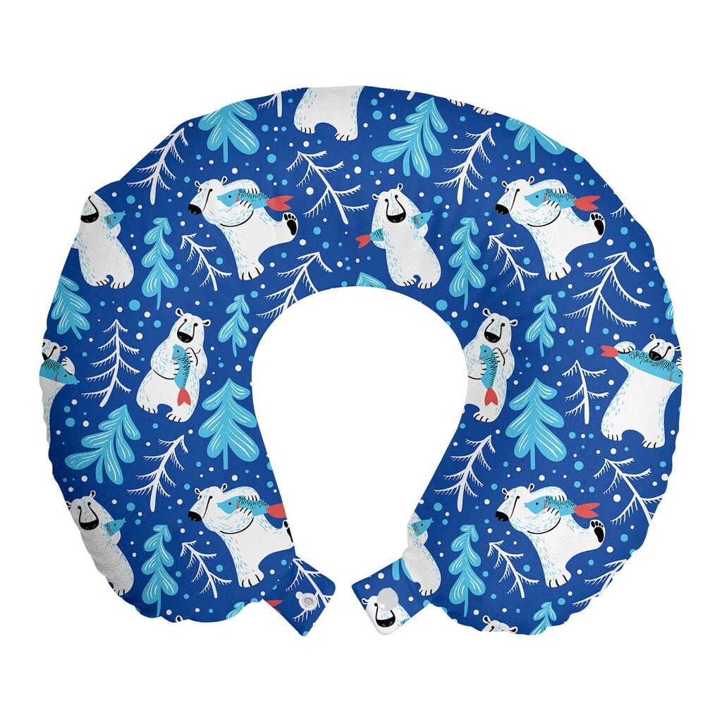 

ABAKUHAUS Northwoods Travel Pillow Подушка для шеи, Белый медведь с рыбой, Пенопластовые дорожные принадлежности для самолета и автомобиля, 30x30 см, Небесно-голубой Коралловый Красный Синий
