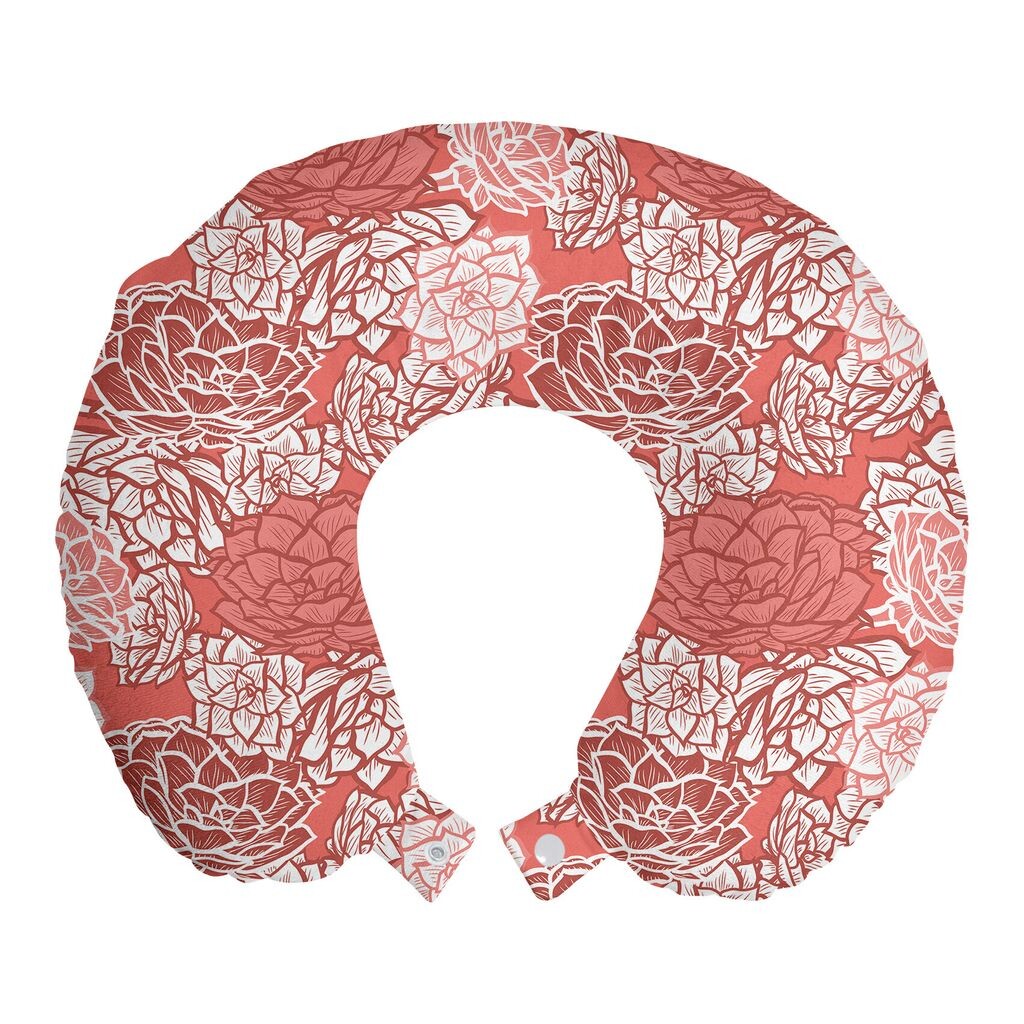 

ABAKUHAUS Цветочная дорожная подушка для шеи, детализированные растения эхеверии, пенопластовые дорожные принадлежности для самолета и автомобиля, 30x30 см, кораллово-бледно-бордовый и белый