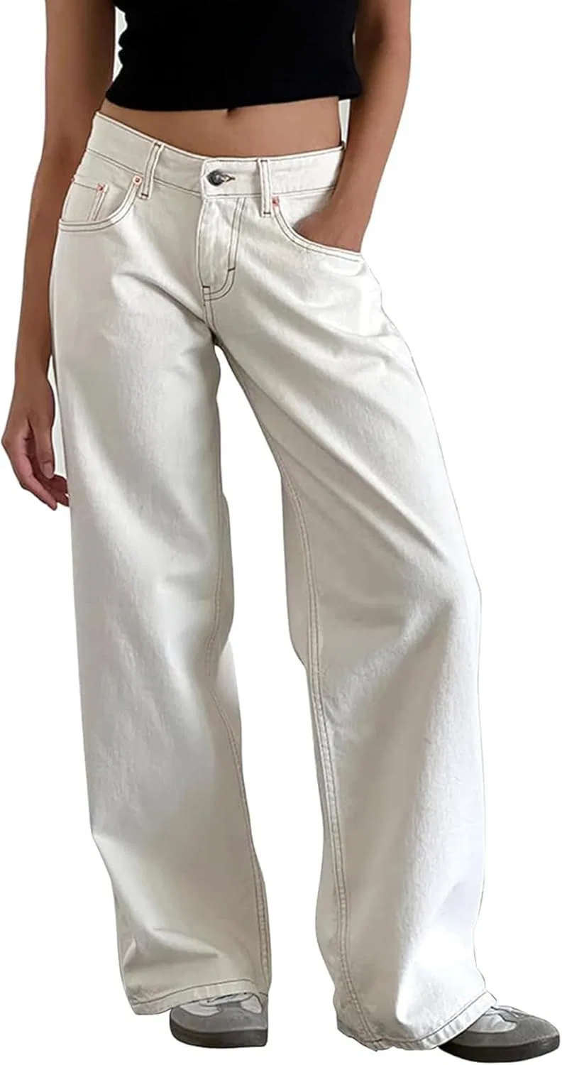 Джинсы широкие, White, Low Rise Baggy Jeans for Women