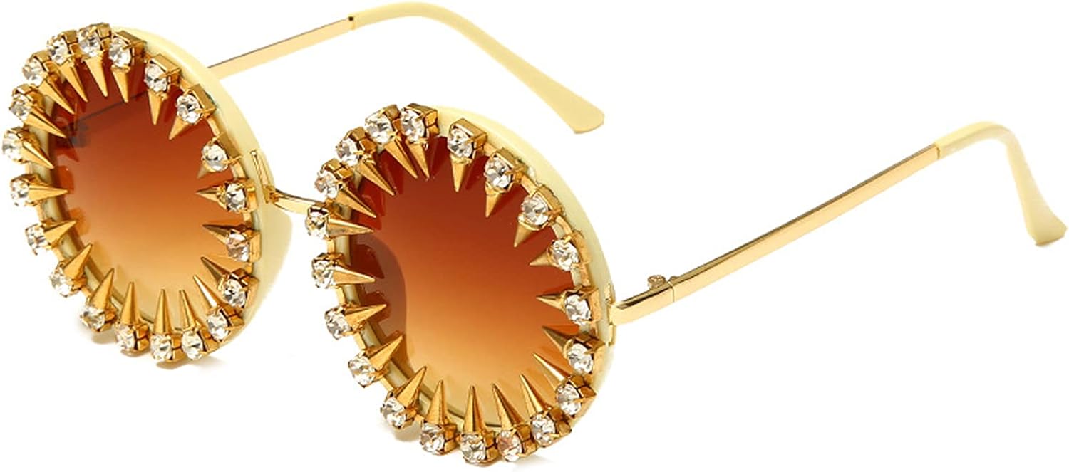 

Женские круглые солнцезащитные очки COTIA с крупными стразами и заклепками, в стиле ретро-панк, с металлической оправой, роскошные солнцезащитные очки с кристаллами и бриллиантами, Tea