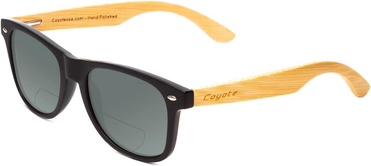 

Поляризованные солнцезащитные очки Coyote Eyewear Woodie | Дужки из натурального дерева | Универсальный дизайн | Чехол для хранения в комплекте, Mat Black/Bamboo/Grey Bi-focal