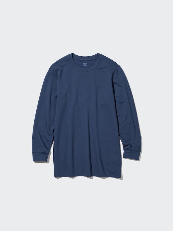 

Очень теплая хлопковая футболка с круглым вырезом heattech Uniqlo, синий