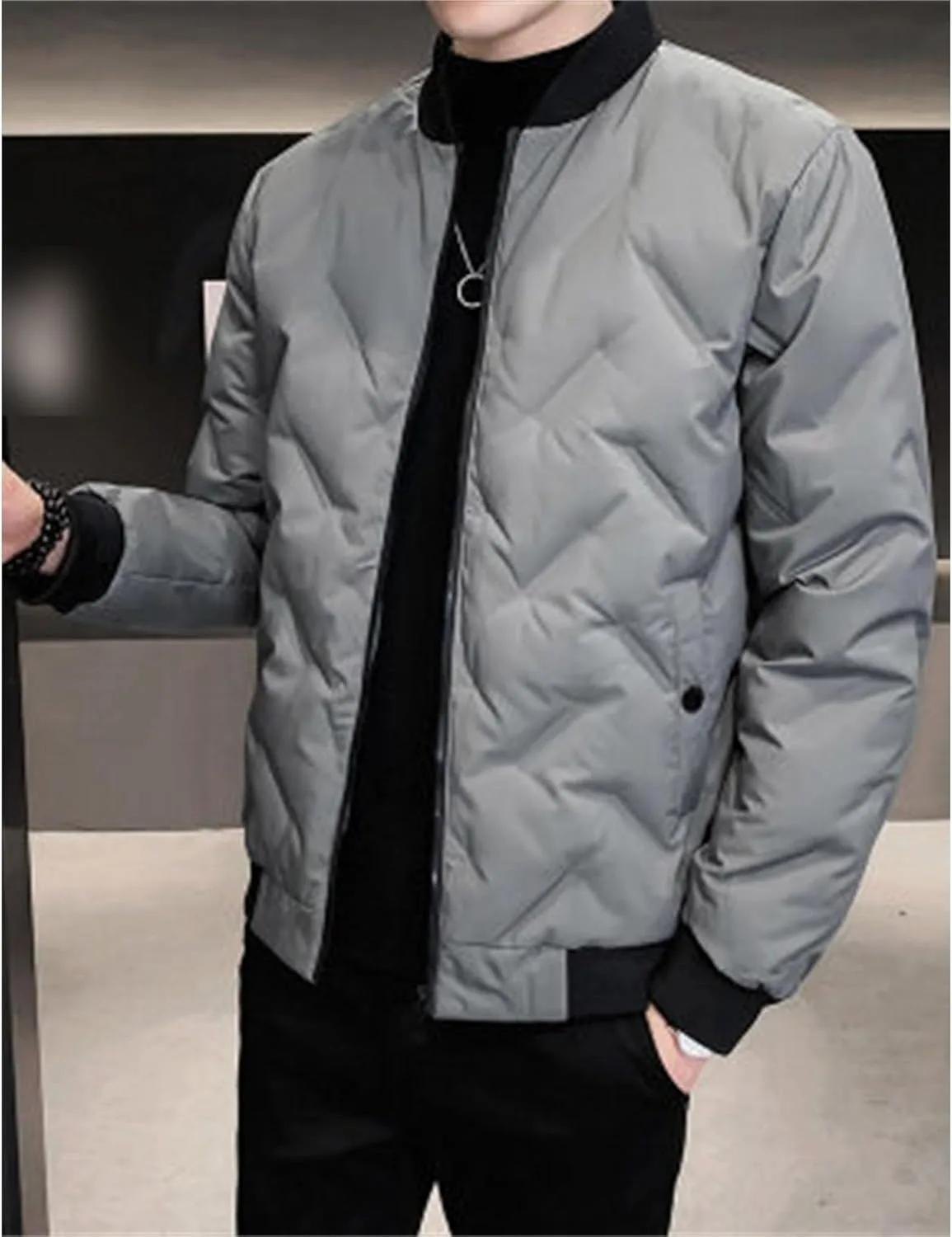 Мужская бомбер повседневная пуховая куртка Military Full Zip ветрозащитная пуховая куртка стеганая на подкладке зимняя ветровка Generic, серый — фото 2