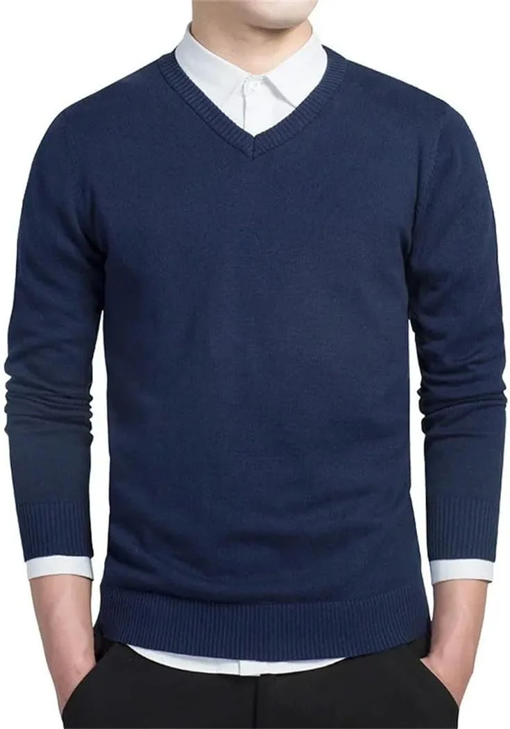 

Мужской хлопковый свитер с V-образным вырезом, длинный рукав, облегающий крой, плюс размер