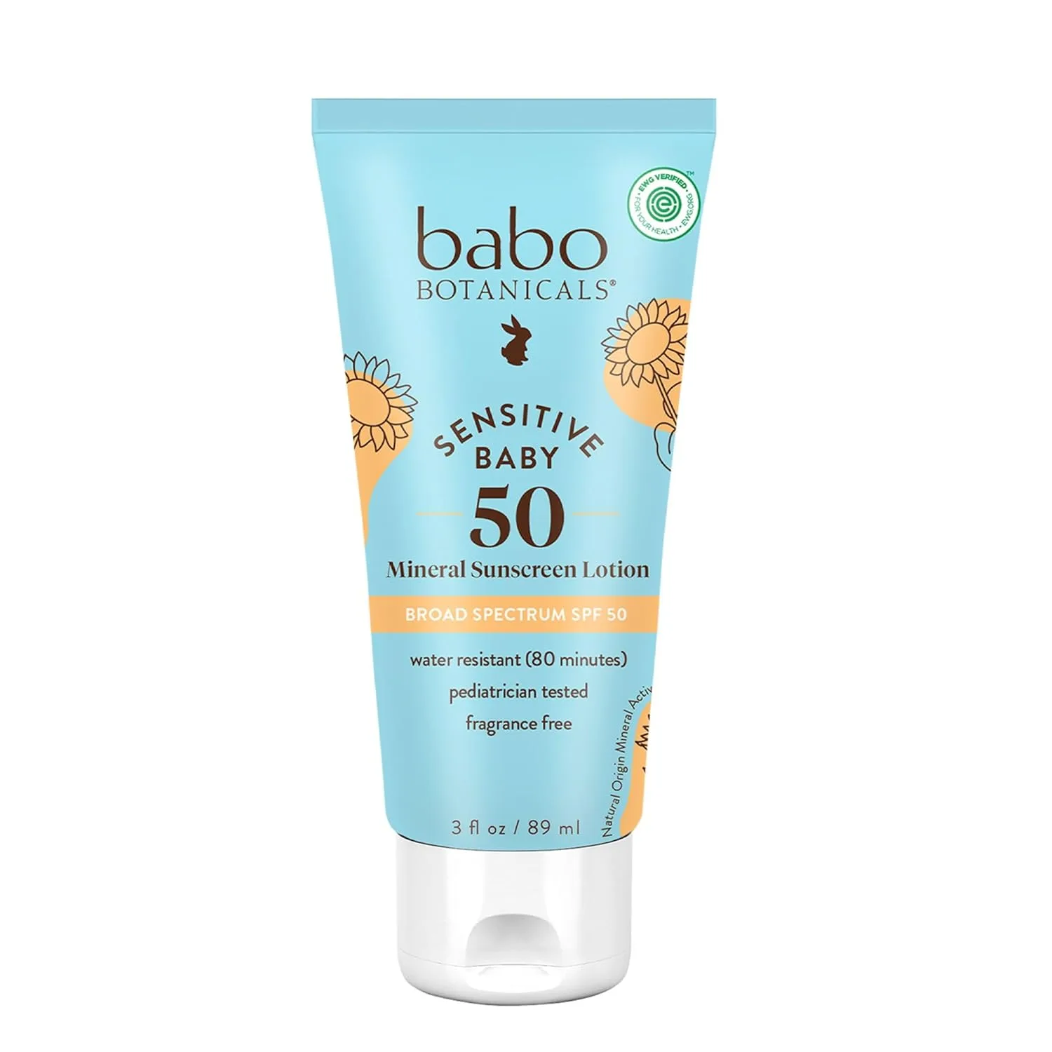 Babo Botanicals Sensitive Baby Mineral Sunscreen Lotion SPF50 - Natural Zinc Oxide - для лица и тела - без отдушек - водостойкий - EWG Verified - Vegan - для сверхчувствительной кожи - для малышей и детей 89 мл (1 шт.)
