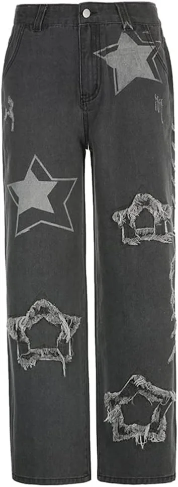 

Женские джинсы с прямыми широкими штанинами и принтом в виде звезд, high waist, серо-черные Gwidnly