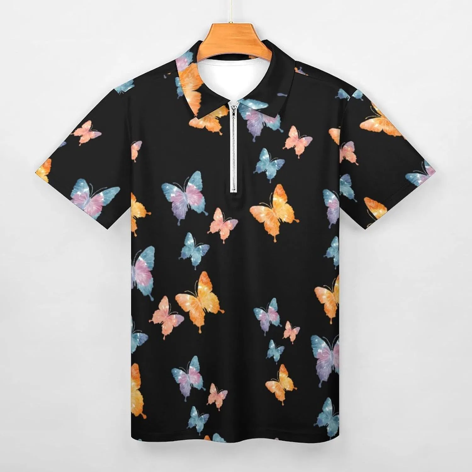 Мужское поло с коротким рукавом, полузастежка-молния, Tie-Dye, бабочки — фото 3
