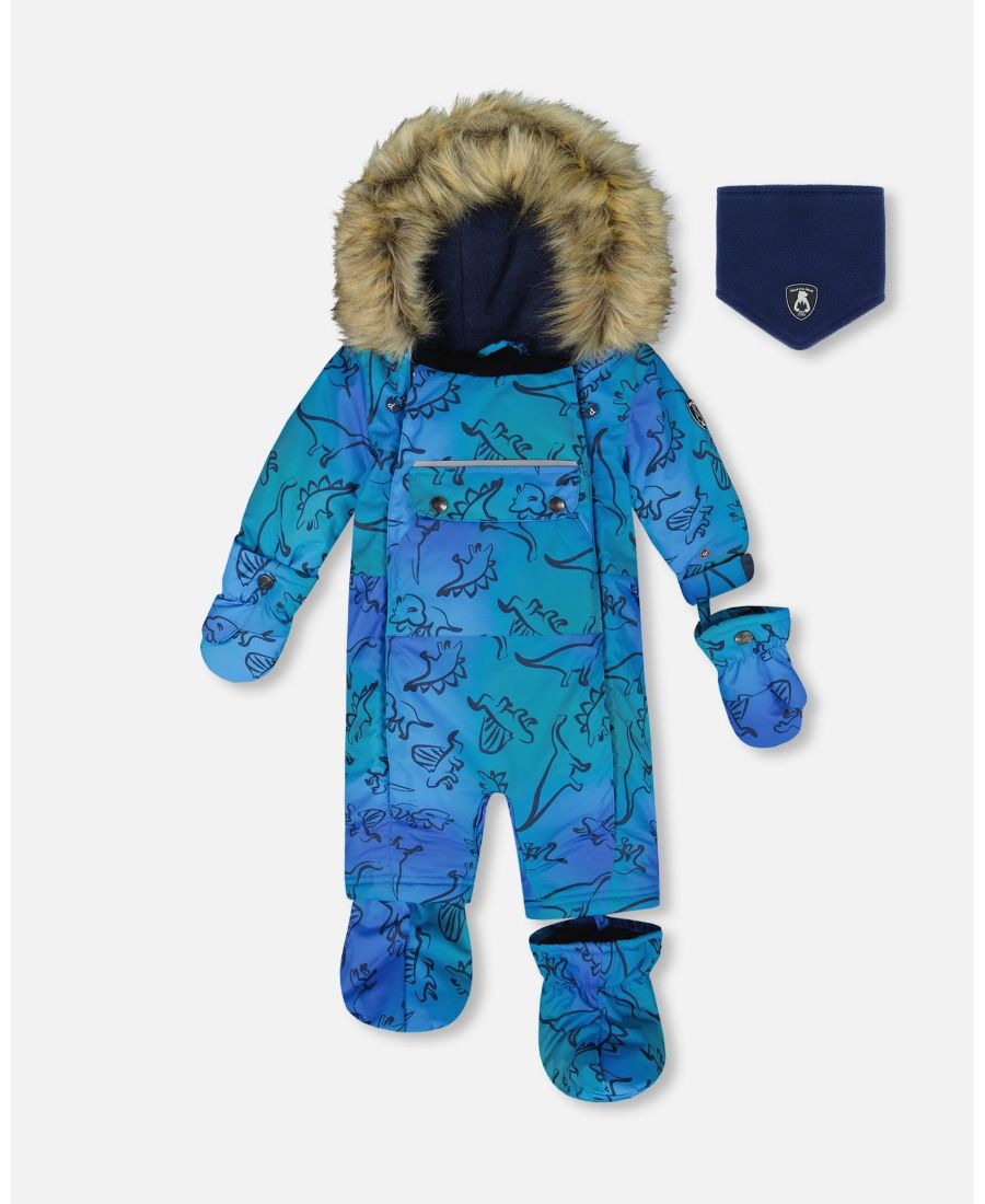 

Детский комбинезон-пижама для мальчика, предназначенный для использования в автокресле, с синим градиентным принтом динозавров - для малышей Deux par Deux, Blue gradient dinosaur print