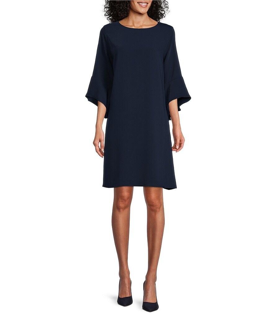 

Caroline Rose Julia Платье из матового крепа с рукавами 3/4 и оборками, круглым вырезом и круглым вырезом, синий