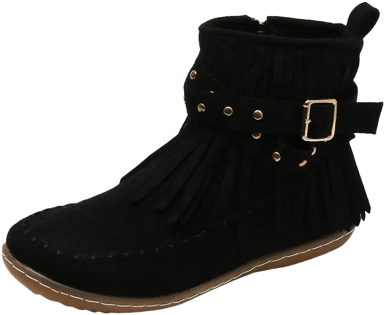 

Женские ботильоны с бахромой до щиколотки, модные искусственные замшевые, с круглым носком, вестерн, ковбойские, с ретро-кисточками, ремешком с пряжкой, на молнии, короткие ботильоны Baxtayel, черный