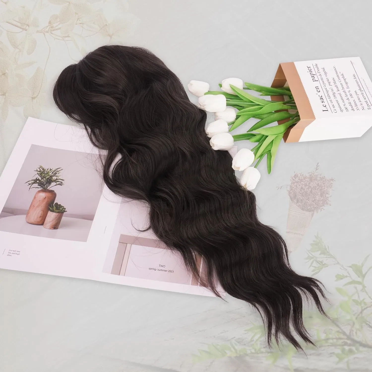 Женский длинный волнистый парик с челкой от FESHFEN Feshfen, Dark Brown — фото 4