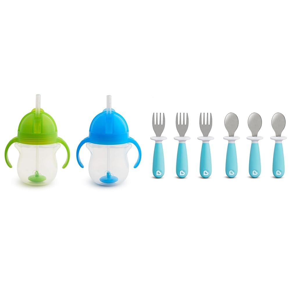 

Утяжеленная соломенная тренировочная чашка Munchkin® Any Angle™ с крышкой Click Lock™, 7 унций, 2 штуки (1 шт. в упаковке), синий/зеленый и набор посуды для малышей ® Raise™, вилка и ложка для малышей, упаковка из 6 шт., синий, Blue/Green