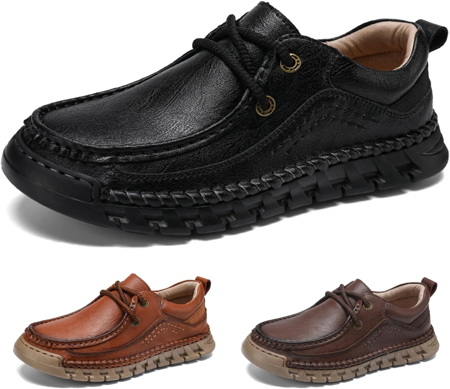 

Мужские повседневные туфли из натуральной кожи с шнуровкой, комфортные, с круглым носком и подошвой с протектором, ручной работы, мокасины для улицы и работы, противоскользящие, для вождения Nejkg, черный