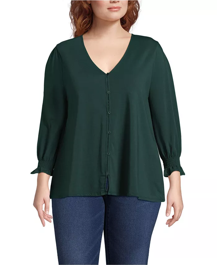 

Женская блуза с коротким рукавом из легкого джерси на пуговицах, размер plus size Lands' End, зеленый
