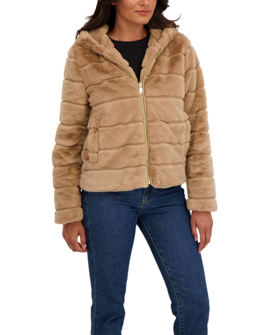 

Женская короткая куртка с капюшоном и рифленой отделкой из искусственного меха Sebby Collection, Camel