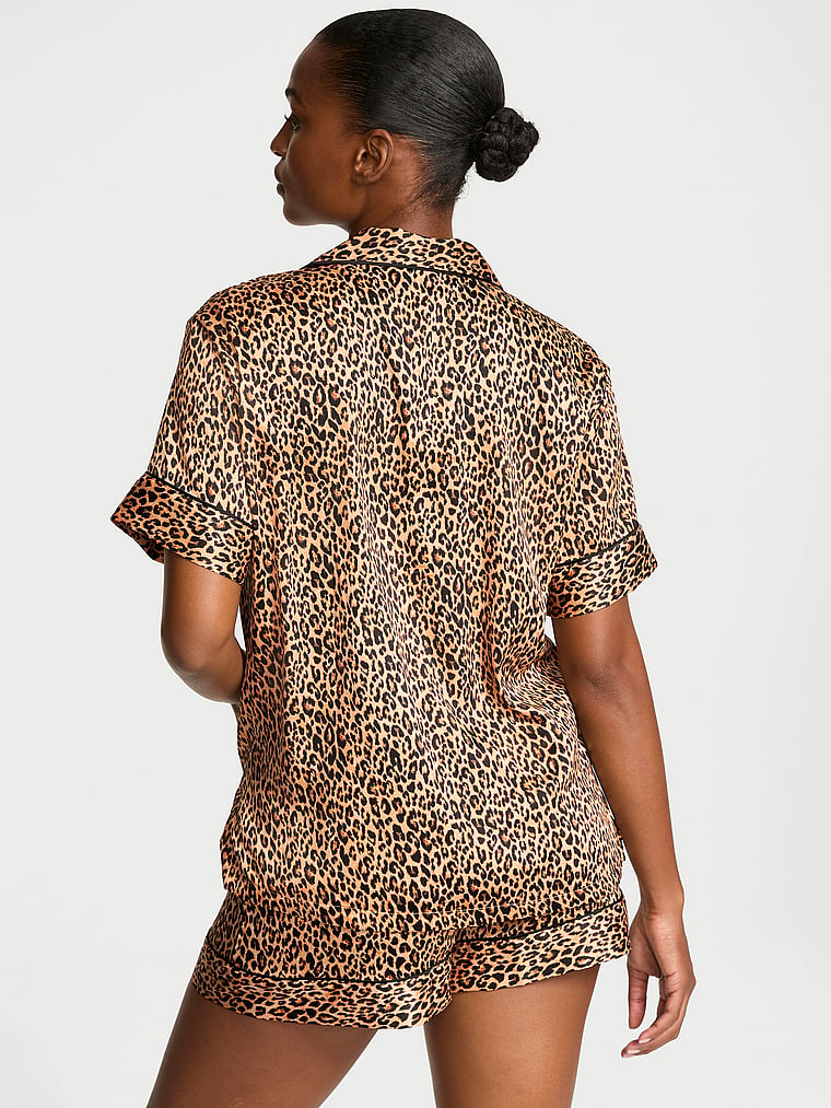 Короткий пижамный комплект из глянцевого атласа Victoria'S Secret, signature satin marzipan leopard — фото 3