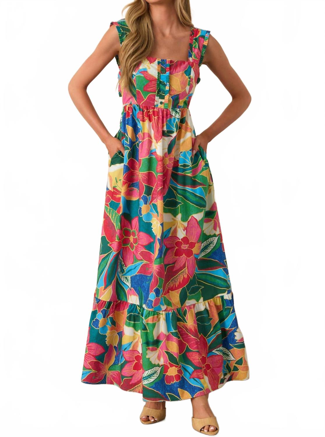 

Тропический принт ярусное макси-платье SKIES ARE BLUE, красный