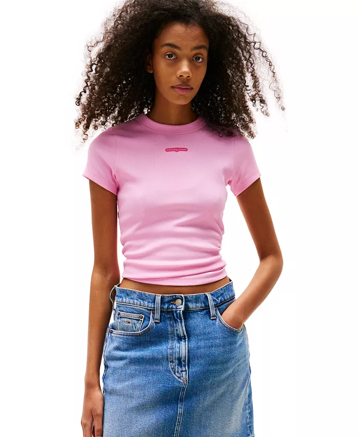 

Женская облегающая футболка с рубчиками и надписью Script-Label Tommy Jeans, розовый