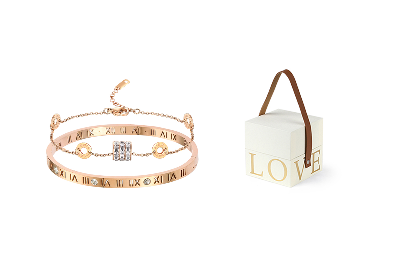 

Титановый стальной браслет для женщин MISS TOOYA, Roman Numeral Bangle & Small Round Pendant Bracelet+Love Box