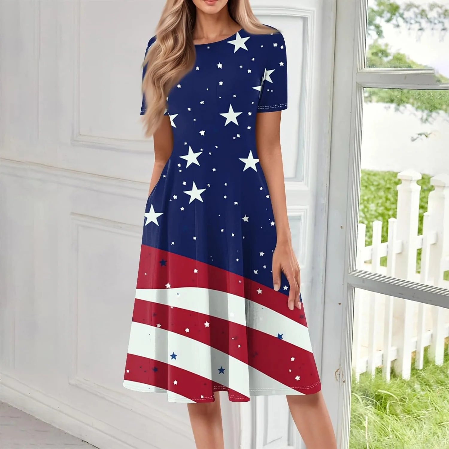 generic Платье 4Th of July для женщин миди патриотическое летнее платье A Line с круглым вырезом и коротким рукавом вечернее элегантное — фото 2