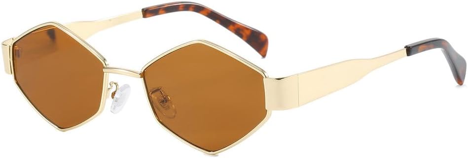 

Модные многоугольные солнцезащитные очки для женщин, роскошные металлические солнцезащитные очки в маленькой оправе, классические винтажные панк-очки для женщин TKKTLLT, Gold Tea