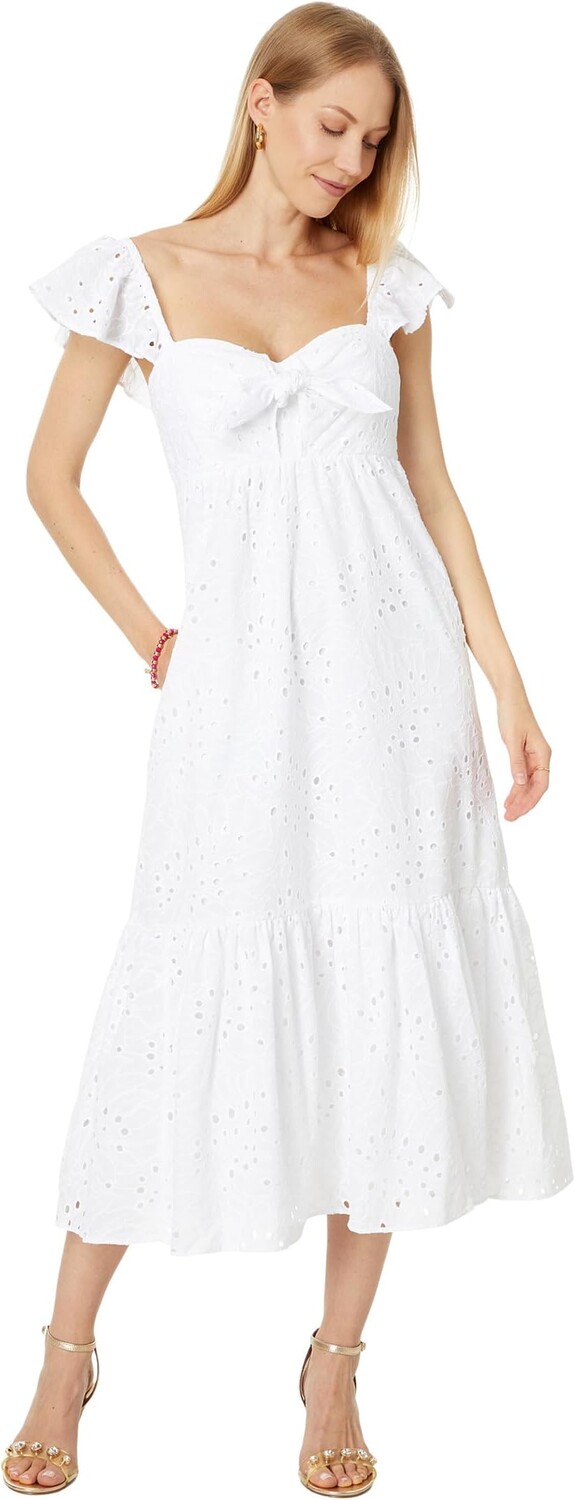 

Платье Lilly Pulitzer Lantana Flutter Sleeve Eyelet Midi Dress, цвет Resort White Tropical Leaf Eyelet