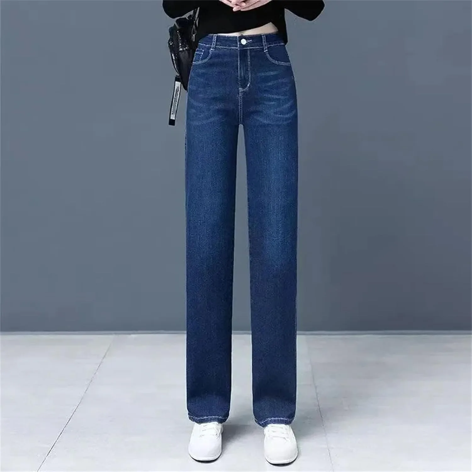 Женские утепленные свободные прямые джинсы Korean High Waist с бархатной подкладкой, зимние теплые для снега Vaqueros Generic, черный — фото 3