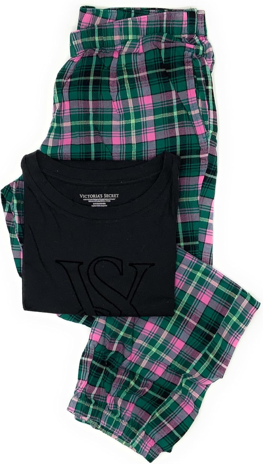 

Комплект пижамы Victoria's Secret из фланели: шорты и футболка с короткими рукавами, Black/Green/Plaid