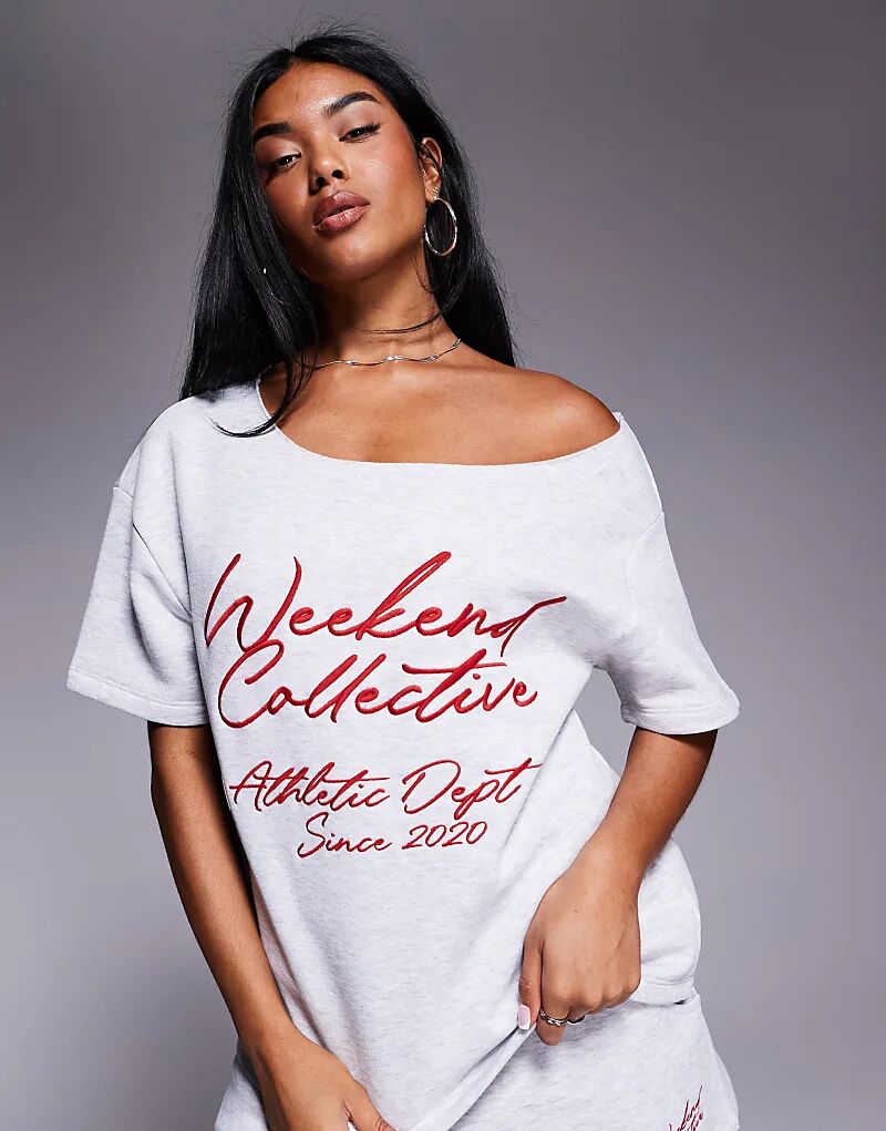 

Свитшот Weekend Collective Coord с открытыми плечами и логотипом в сером меланжевом и красном цветах Asos Weekend Collective