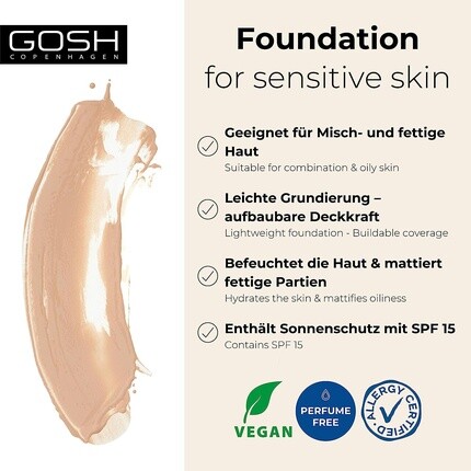 GOSH Тональный крем с SPF 15 для светлой и темной кожи Веганский матирующий макияж для сухой, чувствительной и жирной кожи — 008R — фото 2