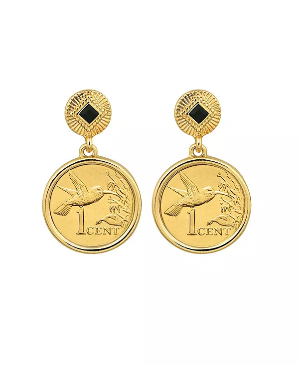 

17092 золотые серьги-подвески в форме колибри с золотыми монетами и черными камнями, золото American Coin Treasures, black