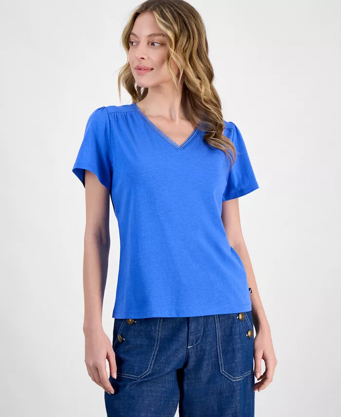 

Женская футболка с V-образным вырезом и кружевной отделкой Nautica Jeans, синий