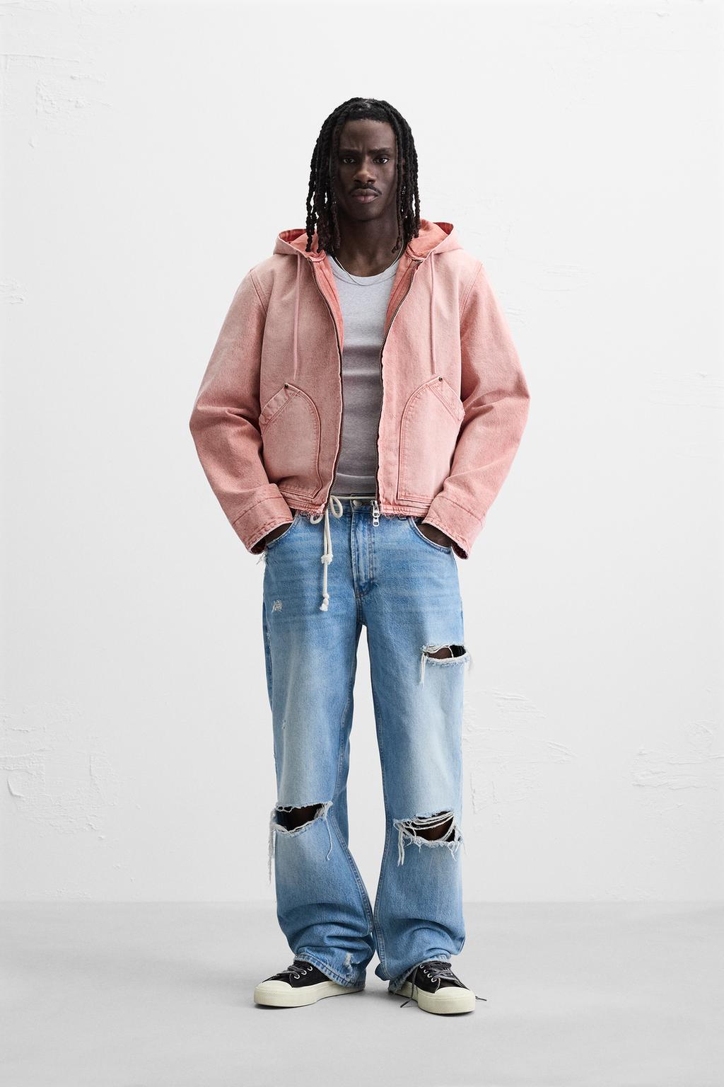 

Застиранная куртка с капюшоном ZARA, цвет Chalk pink