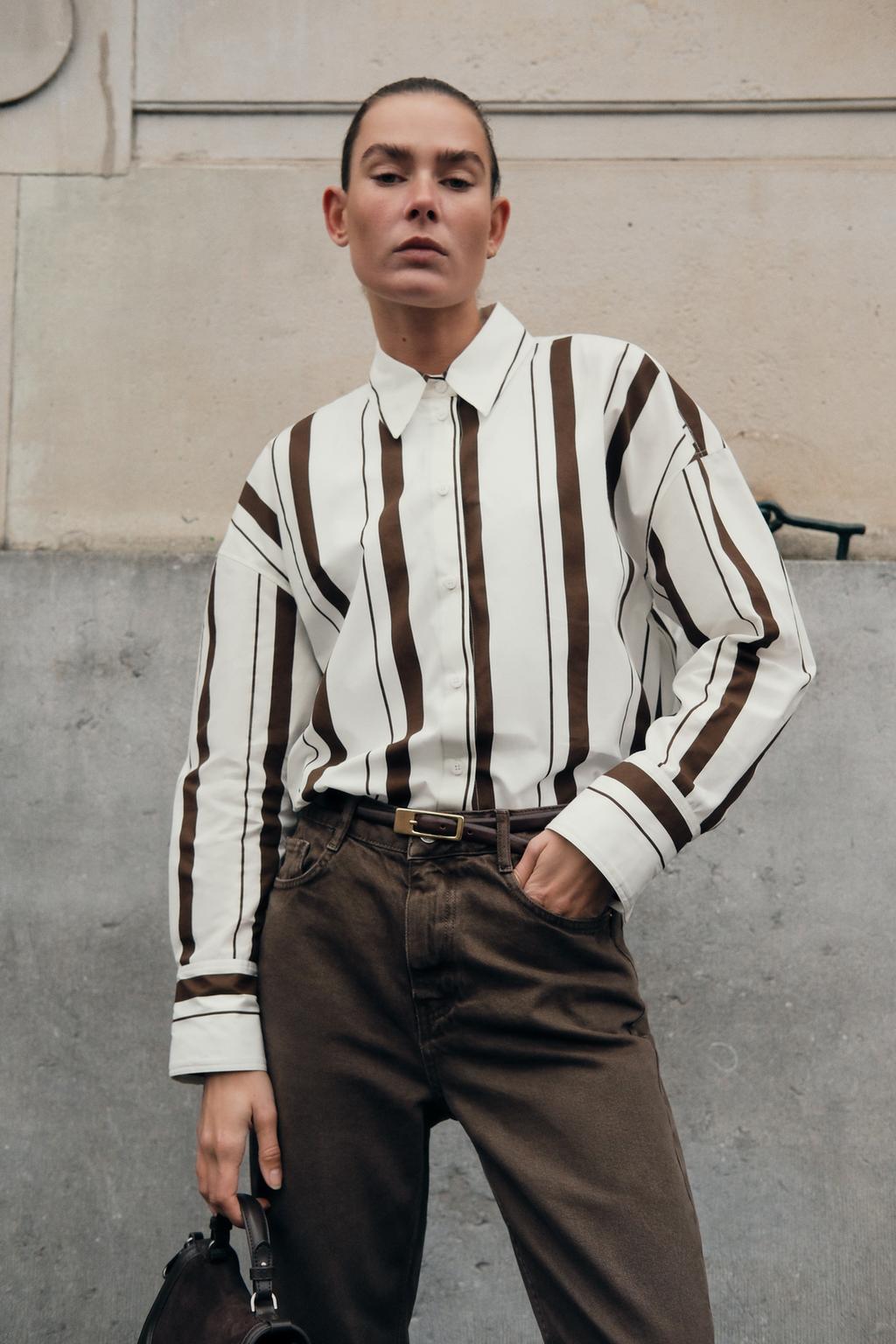 

Полосатая поплиновая рубашка ZARA, цвет brown/white