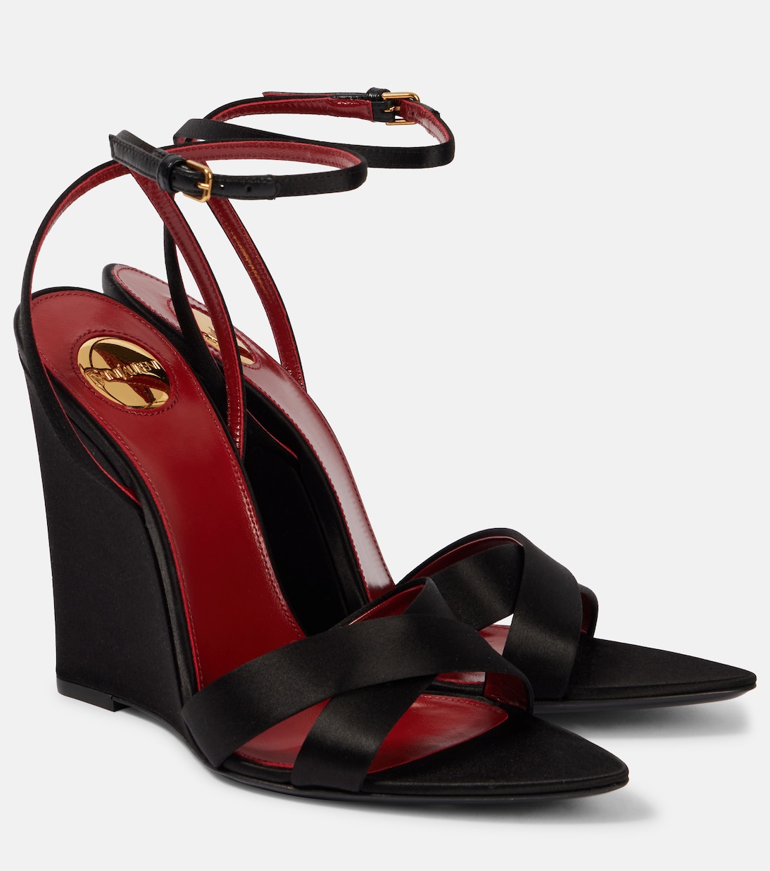 Бирюзовые сатиновые босоножки-клин Bibi 110 Saint Laurent, нуар