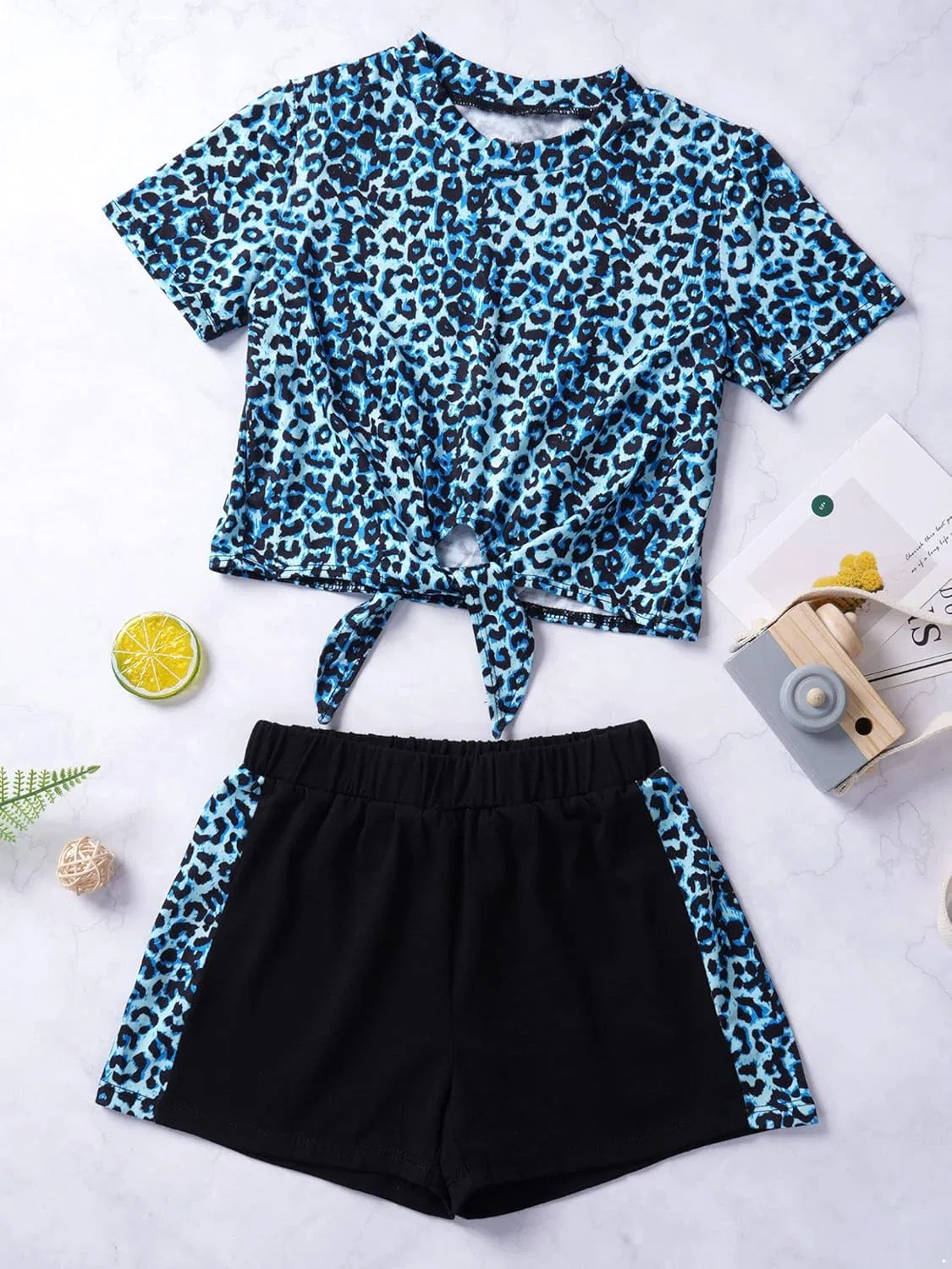 Детский спортивный костюм с принтом Yeeye, топ и шорты, Blue Leopard — фото 3