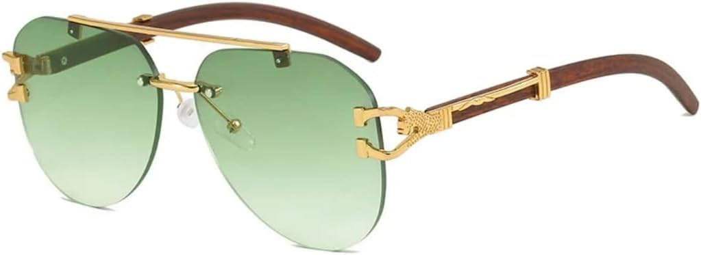 

Ретро-солнцезащитные очки без оправы с двойным дужком, овальные, женские, с индивидуальной отделкой под дерево и леопардовым принтом, модные мужские повседневные очки с защитой от УФ-излучения UV400 UATXTAU, Golden Green