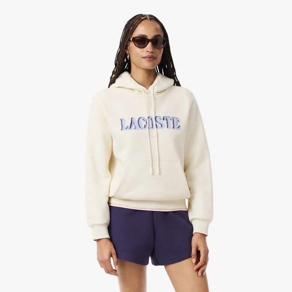 Худи Lacoste Fluffy Lettering, женский, флисовый, кремовый