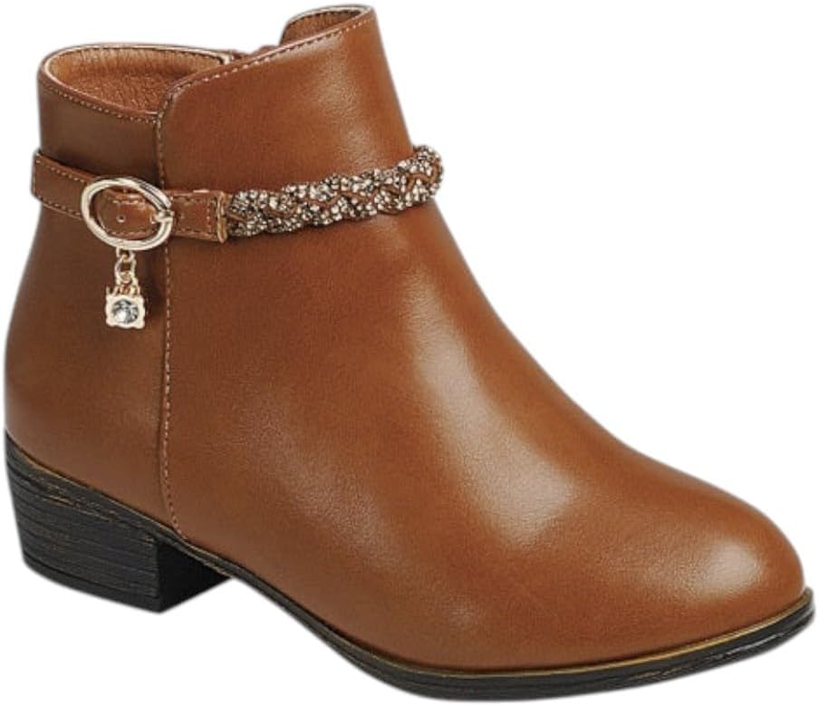 

Детские ботинки Forever Link для девочек с низким широким каблуком, боковой молнией, короткие для маленьких и больших детей, Tan Pu