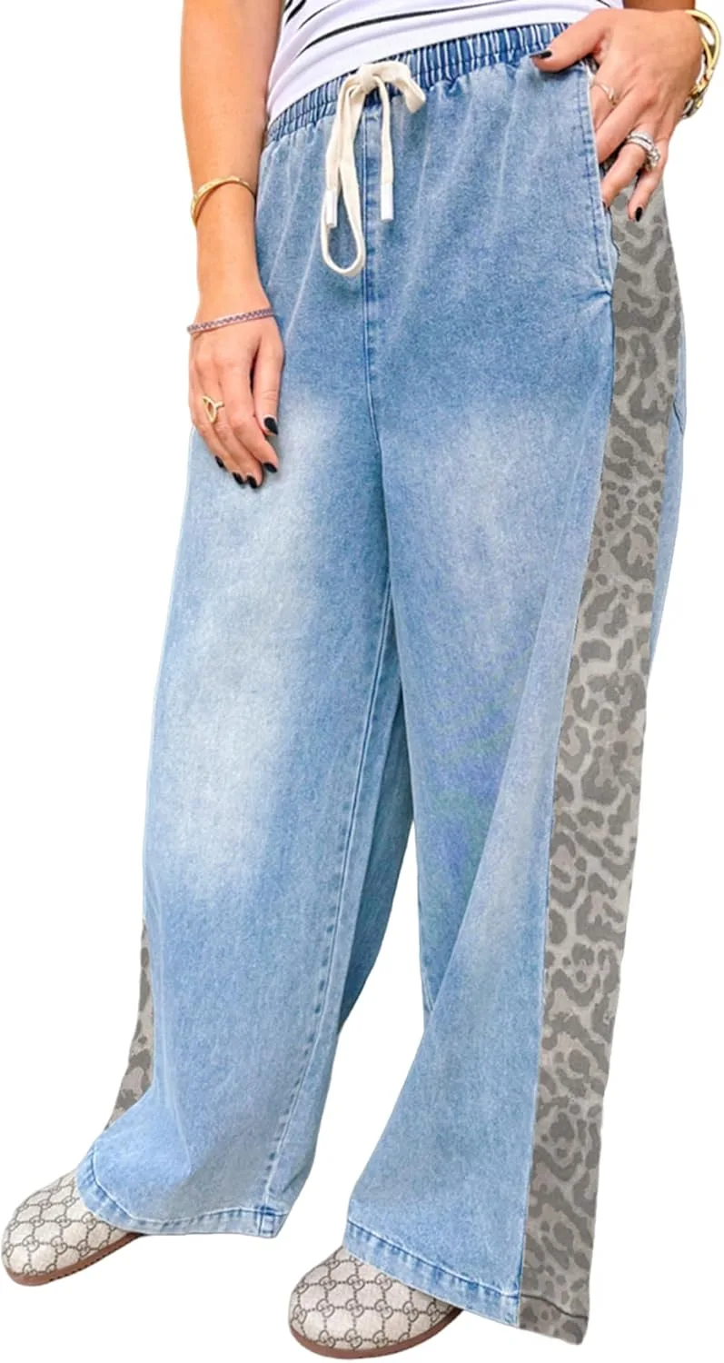 

Женские джинсы с леопардовым принтом и эластичным поясом на шнурке Apvirdy